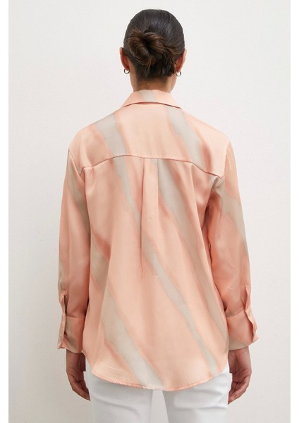 Desenli V Yaka Saten Gömlek Somon modelleri