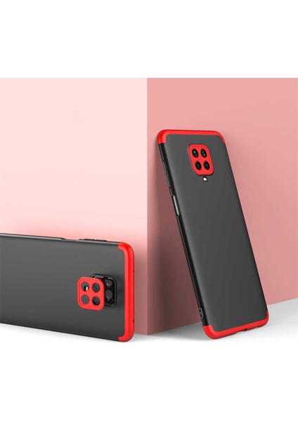 - Xiaomi Redmi Note 9 Pro - Kılıf Parmak izi Yapmayan 3 Parça Ays Kapak - Siyah-Kırmızı