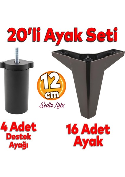 20'li Set Sedir Lüks Mobilya Koltuk Kanepe Tv Ünitesi Destek Ayağı 12 cm Siyah Ayakları