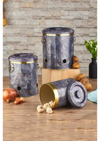 Metal Mermer Patates Soğan 3'lü Set Saklama Kabı