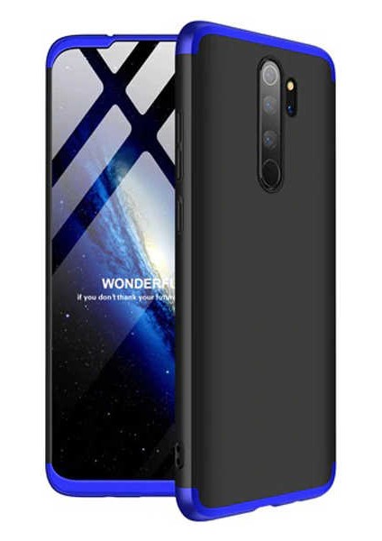 - Xiaomi Redmi Note 8 Pro - Kılıf Parmak izi Yapmayan 3 Parça Ays Kapak - Siyah-Mavi