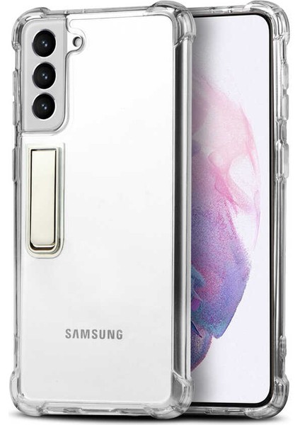 - Galaxy S21 Uyumlu Kılıf Standlı Şeffaf Slim Fit Süper Silikon Kapak