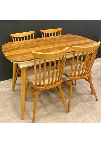 Ahşap Salon Yemek Masa Sandalye Takımı 4 Sandalyeli Ortadan Açılır Büyüyen Ceviz