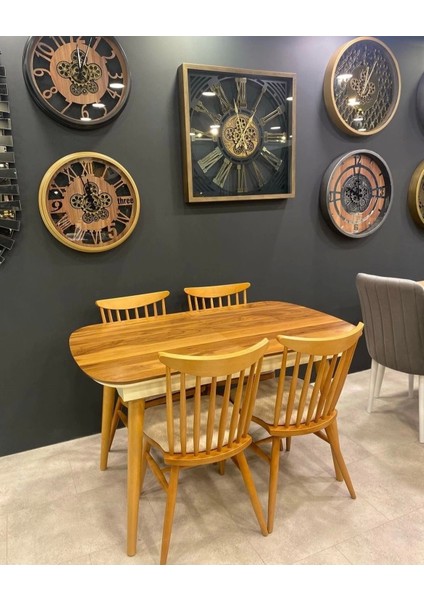 Ahşap Salon Yemek Masa Sandalye Takımı 4 Sandalyeli Ortadan Açılır Büyüyen Ceviz