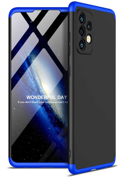 - Samsung Galaxy A72 - Kılıf Parmak izi Yapmayan 3 Parça Ays Kapak - Siyah-Mavi