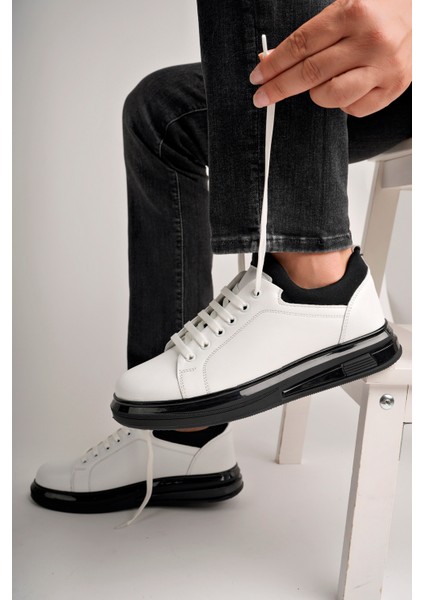 BA04471 Beyaz Siyah Erkek Deri Streş Jel Yüksek Taban Spor Ayakkabı - Siyah Beyaz fiyatları