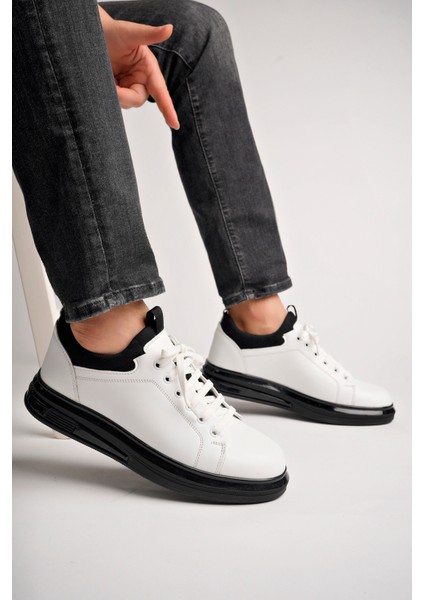 BA04471 Beyaz Siyah Erkek Deri Streş Jel Yüksek Taban Spor Ayakkabı - Siyah Beyaz modelleri
