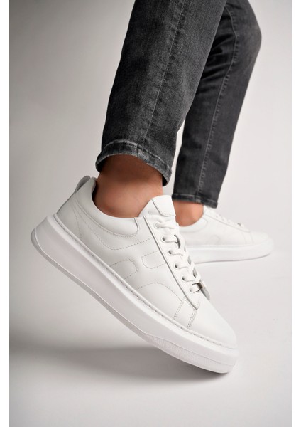 BA04507 Beyaz Deri Erkek H Baskı Deri Günlük Spor Ayakkabı - Beyaz Deri