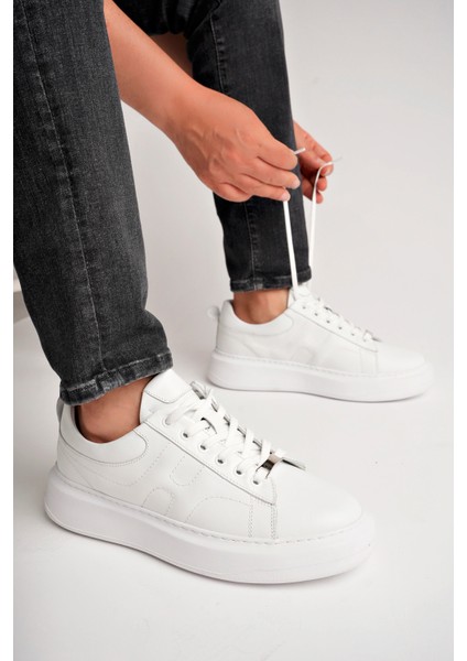 BA04507 Beyaz Deri Erkek H Baskı Deri Günlük Spor Ayakkabı - Beyaz Deri fırsatları