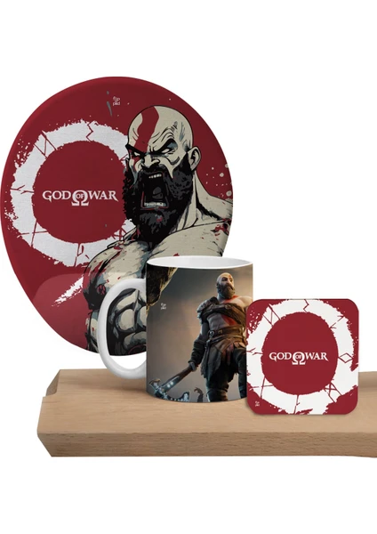 God Of War Bilek Destekli Mousepad Kupa Bardak ve Ahşap Altlıklı Set