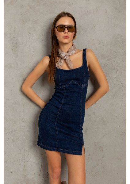 Arka Fermuarlı Yırtmaçlı Geniş Askılı Jean Denim Mini Kadın Elbise @nancy fiyatları
