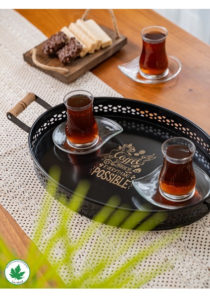 Tulipa Ahşap Kulplu Desenli Oval Metal Servis Tepsisi 37CM, Kahve Tepsisi, Sunum Tepsisi (Possible Baskılı)