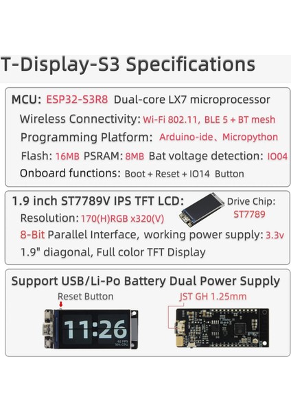 ESP32-S3R8 T-Display-S3 Geliştirme Kartı 1.9 Inç LCD Ekran Wıfı Bluetooth5.0 170X320 Kablosuz Modül (Yurt Dışından)