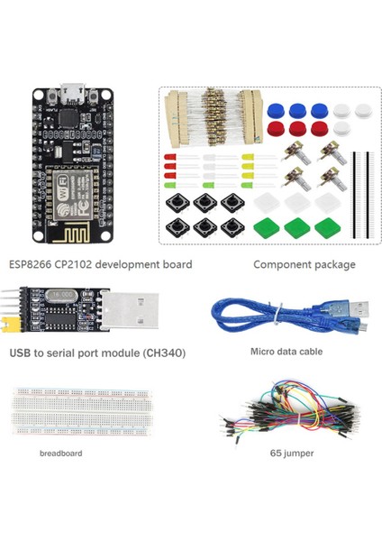 ESP8266 CP2102 Nodecu Lua V3 ESP-12E Geliştirme Kartı + Bileşen Paketi + Usb'den Seri Bağlantı Noktasına Modül + 65 Jumper + Ekmek Tahtası (Yurt Dışından)