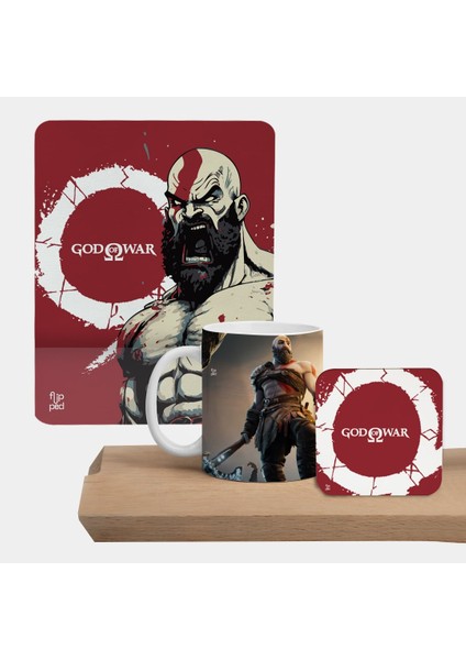 God Of War Bilek Destekli Mousepad Kupa Bardak ve Ahşap Altlıklı Set