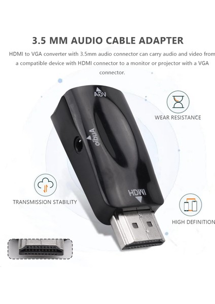 -Pc, Dizüstü Bilgisayar, Dvd, Masaüstü, Tv Kutusu Veya Diğer Uyumlu Giriş Aygıtları Için 3,5 mm Ses Kablosu Konnektörlü VGA Dönüştürücü Altın Kaplamayla Uyumlu - Siyah (Yurt Dışından)