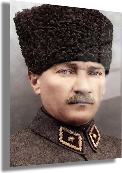 Temperli Gerçek Cam Tablo Portre Kalpaklı Atatürk Fotoğrafı