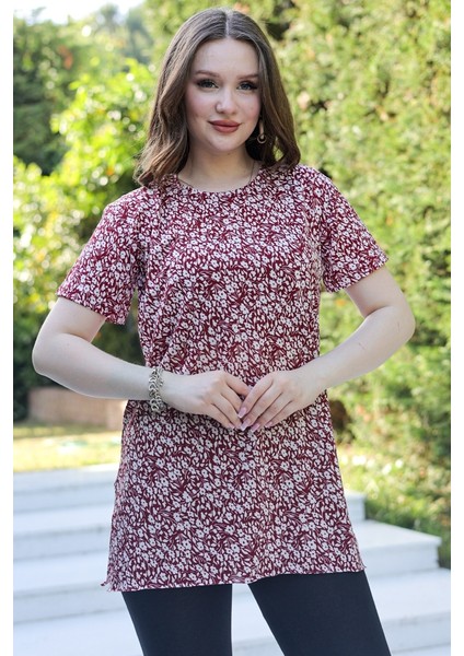 Beste Çiçek Desen Kısa Kol Tunik 958 - Bordo modelleri