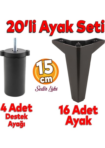 20'li Set Sedir Lüks Mobilya Koltuk Kanepe Tv Ünitesi Destek Ayağı 15 cm Siyah Ayakları