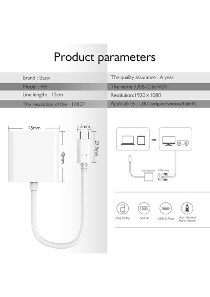 USB C'den Vga'ya Adaptör, Tip C'den Pro'ya Uyumlu VGA Adaptörü (Yurt Dışından)