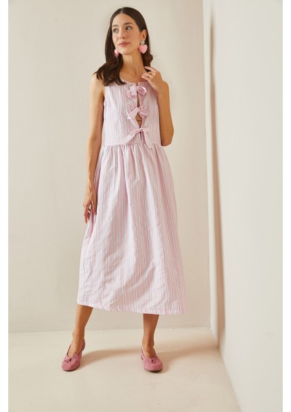 Pembe Fiyonklu Çizgili Midi Elbise 5YXK6-48654-20 modelleri