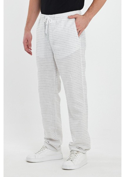 Erkek Yazlık Beli Lastikli Çizgili Pamuklu Baggy Pantolon Beyaz fiyatları