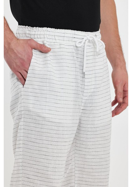 Erkek Yazlık Beli Lastikli Çizgili Pamuklu Baggy Pantolon Beyaz modelleri