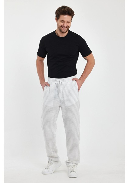 Erkek Yazlık Beli Lastikli Çizgili Pamuklu Baggy Pantolon Beyaz fırsatları