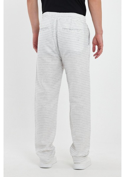 Erkek Yazlık Beli Lastikli Çizgili Pamuklu Baggy Pantolon Beyaz indirimleri