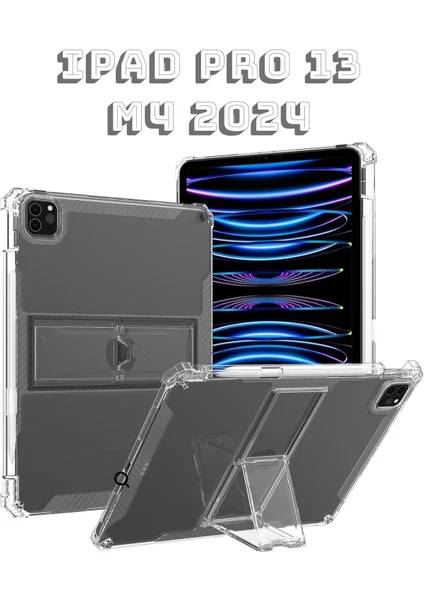 Ipad Pro 13 Inç M4 Çip 2024 Uyumlu Kılıf Kalem Bölmeli Standlı Şeffaf Silikon Case A2925 A2926