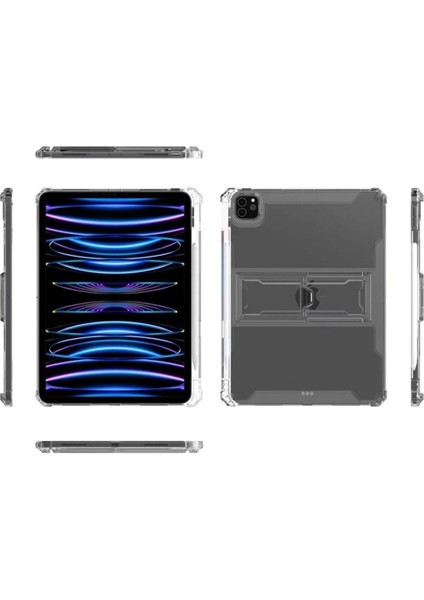 Ipad Pro 13 Inç M4 Çip 2024 Uyumlu Kılıf Kalem Bölmeli Standlı Şeffaf Silikon Case A2925 A2926