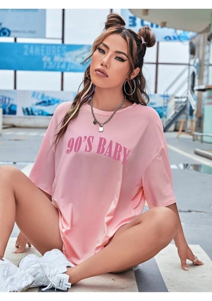 Kadın 90's Baby Baskılı Bisiklet Yaka Salaş Oversize Boyfriend Pembe T-Shirt