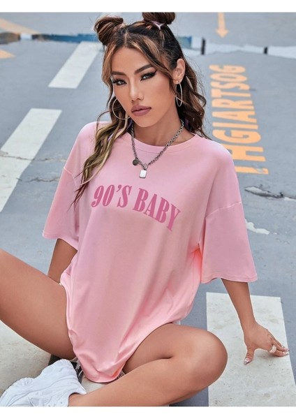 Kadın 90's Baby Baskılı Bisiklet Yaka Salaş Oversize Boyfriend Pembe T-Shirt