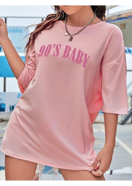 Kadın 90's Baby Baskılı Bisiklet Yaka Salaş Oversize Boyfriend Pembe T-Shirt