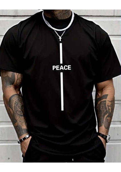 Erkek Peace Baskılı Bisiklet Yaka Salaş Oversize Boyfriend Siyah T-Shirt