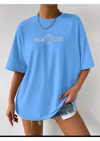 Kadın Palm Spring Baskılı Bisiklet Yaka Salaş Oversize Boyfriend Mavi T-Shirt