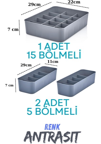 Almital Mobilya Aksesuarlari Orgaset 3'lü Düzenleyici Antrasit,  Mutfak, Banyo, Ofis, Yatak Odası, Makyaj Masası Organizer Set