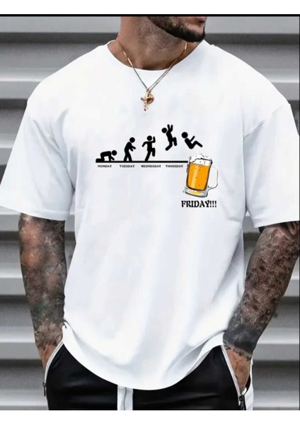 Erkek Beer Friday Baskılı Bisiklet Yaka Salaş Oversize Boyfriend Beyaz T-Shirt