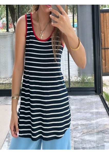 Kırmızı Biyeli Çizgili Salaş Atlet T-Shirt modelleri
