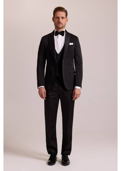 Erkek Siyah Şal Yaka Yelekli Slim Fit Damatlık