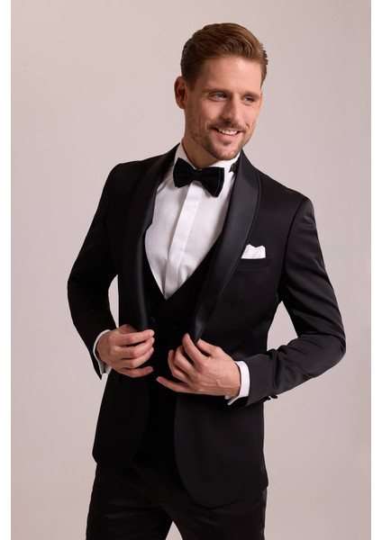 Erkek Siyah Şal Yaka Yelekli Slim Fit Damatlık fiyatları