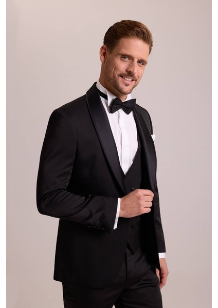 Erkek Siyah Şal Yaka Yelekli Slim Fit Damatlık modelleri