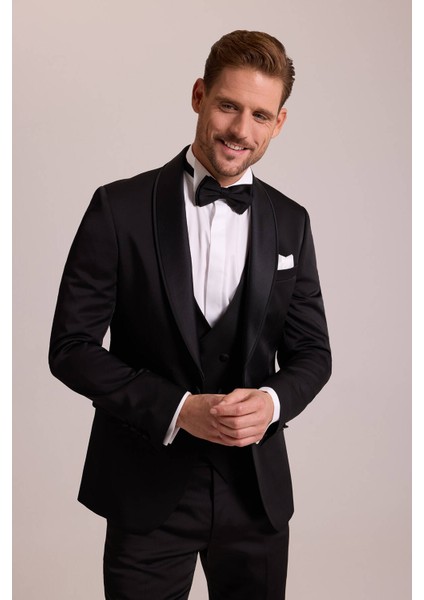 Erkek Siyah Şal Yaka Yelekli Slim Fit Damatlık fırsatları