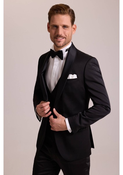 Erkek Siyah Şal Yaka Yelekli Slim Fit Damatlık indirimleri