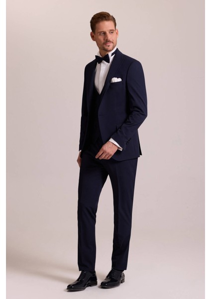 Erkek Lacivert Slim Fit Likralı Sivri Yaka Yelekli Damatlık fiyatları