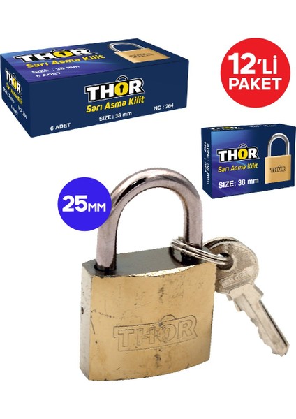Asma Kilit Thor 25 mm Sarı 12 Adet