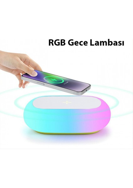 15W Çocuk Odası- Yatak Odası-Salon-Ofis-Kamp Alanı Vb. Alanlara Özel Kablosuz Şarj Cihazı Rgb Gece Lambası