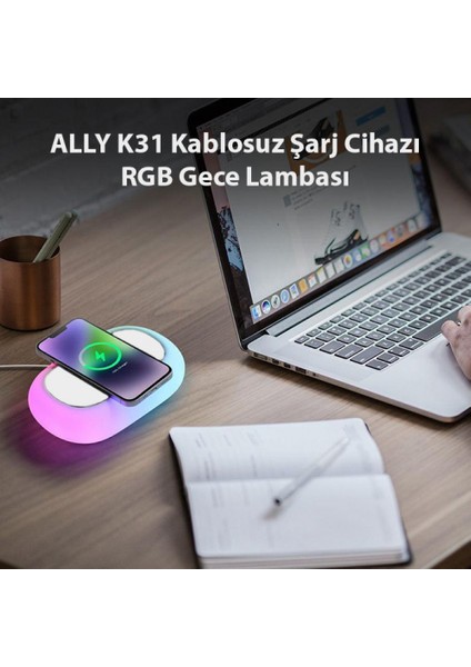 15W Çocuk Odası- Yatak Odası-Salon-Ofis-Kamp Alanı Vb. Alanlara Özel Kablosuz Şarj Cihazı Rgb Gece Lambası