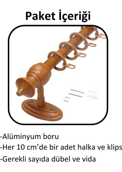 Ahşap Başlıklı Raysız Eko Rustik Perde Askısı (Alüminyum Boru) Plastik Halka ve Klips