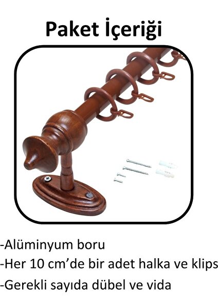 Ahşap Başlıklı Raysız Eko Rustik Perde Askısı (Alüminyum Boru) Plastik Halka ve Klips